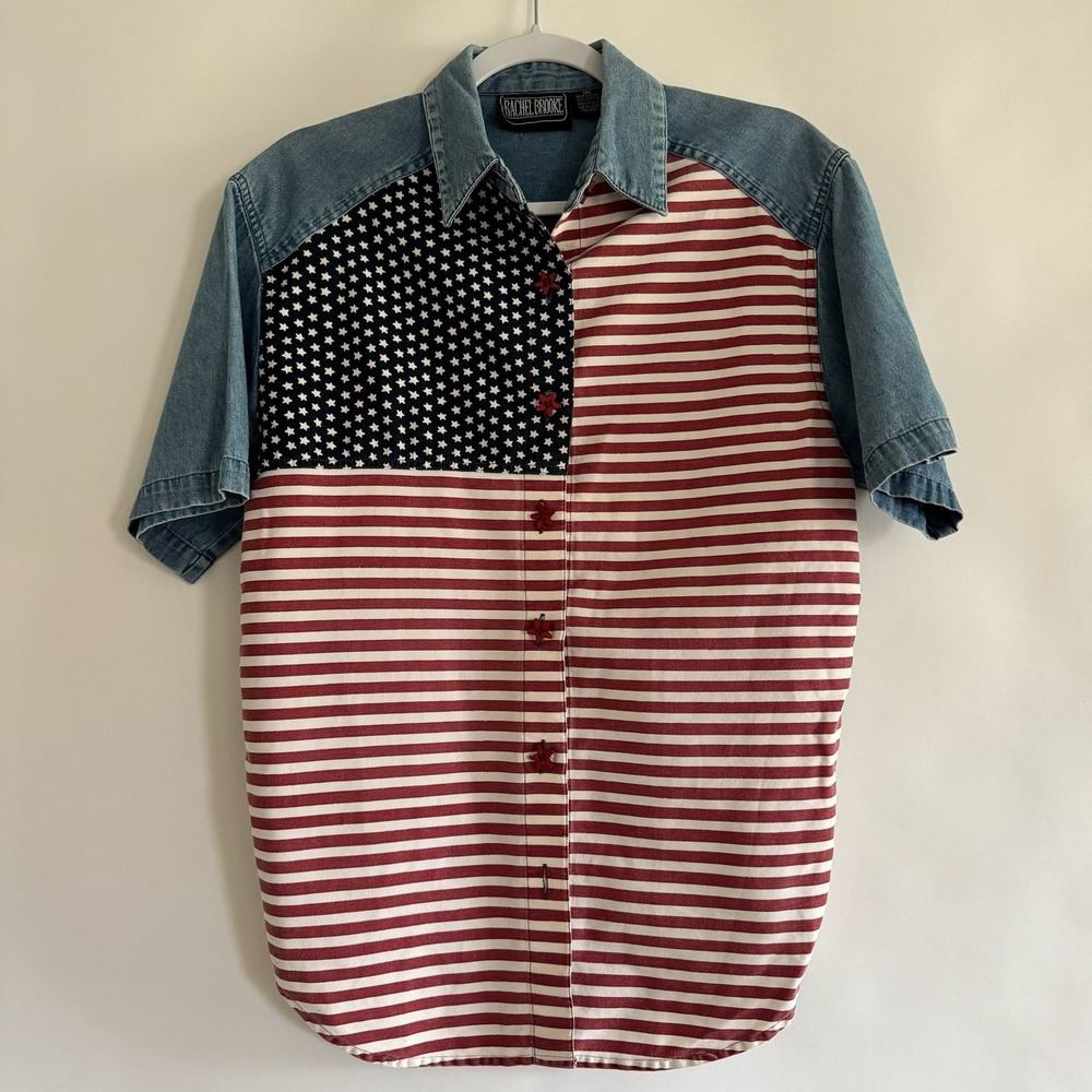 Rachel Brooke Vintage Denim American Flag Button Up Shirt S 4th July Star Button